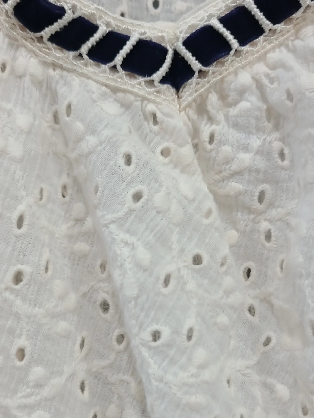Free People Cream Eyelet Peasant Top with Navy Trim